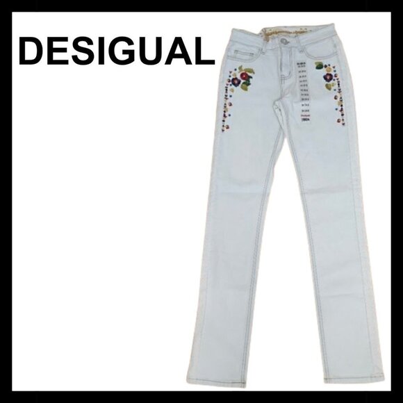 NWOT DESIGUAL Floral embroidered eyelet side stripes slim fit jeans - Picture 1 of 12